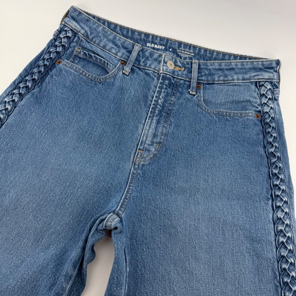 Old Navy Sky-Hi Wide Leg Jeans Womens 8 Blue Braided Side Extra High Rise Denim